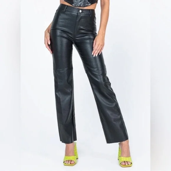 Princess Polly Black Vegan Leather Macey Straight Leg Pants - Picture 1 of 6